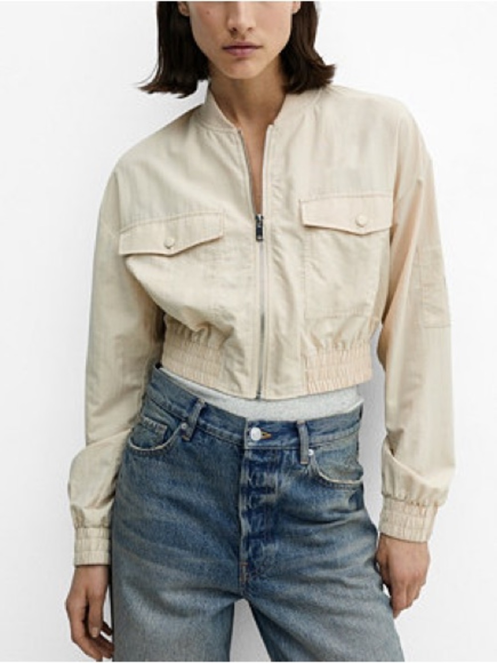 Like New Mango Beige Cropped Bomber Jacket with Flap Pockets - Size Small - Picture 2 of 11